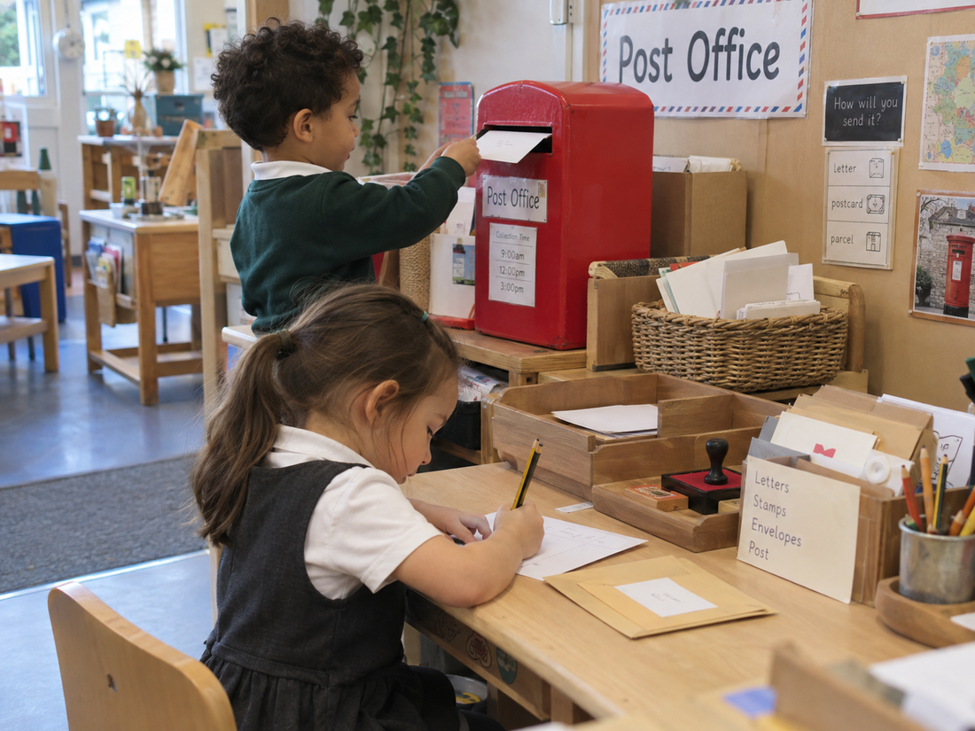 Children writing letters and posting mail at a Reception continuous provision role-play post office