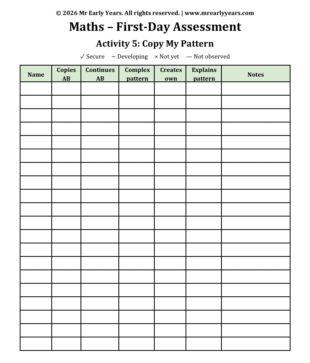 Maths Assessment (Informal Numeracy - on entry)