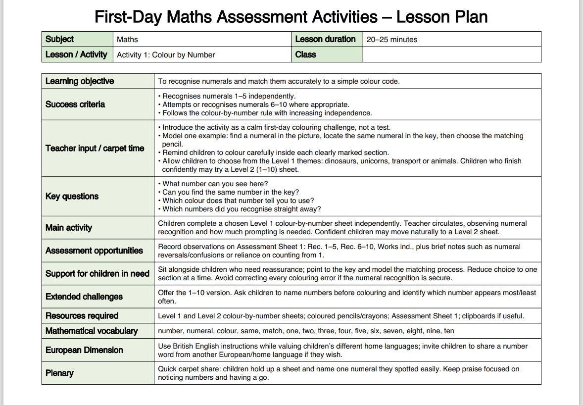 Maths Assessment (Informal Numeracy - on entry)