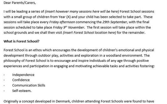 Letter to Parents explaining what Forest School is (Outdoor Learning)