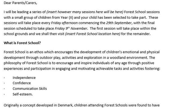 Letter to Parents explaining what Forest School is (Outdoor Learning)