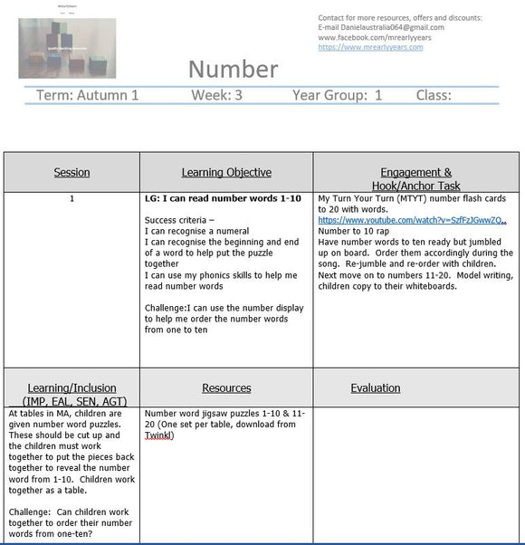 Year 1 Maths Planning (Numeracy Lessons 9,10,11,12,13)