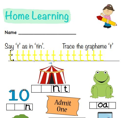 Phonics: Letters and Sounds Activity Sheet (t)